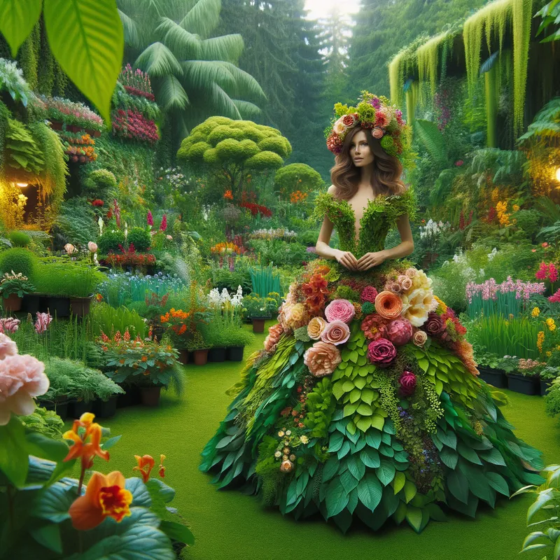 Nature's Enchantress - A captivating woman wearing a dress made of flowers and leaves, standing in a lush, vibrant garden teeming with life. - AI image generated with Art