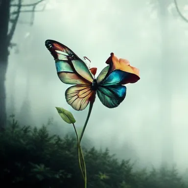 Nature's Harmony - An artistic representation of a butterfly and a flower merging together, symbolizing the deep connection between these two elements of nature. The butterfly's body transitions smoothly into the stem of the flower, and the wings are adorned with petal-like structures. The background is a misty forest, adding a mystical touch to the scene.
