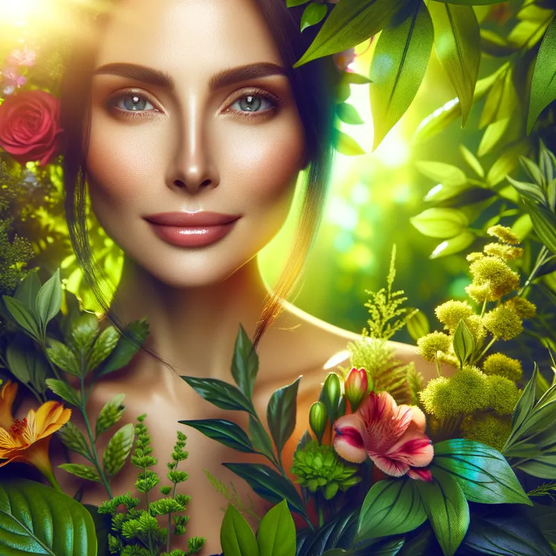 Nature's Muse - A beautiful portrait of a woman surrounded by lush greenery and vibrant flowers. Her serene expression and connection with nature are highlighted by the sunlight filtering through the foliage, creating a harmonious and tranquil atmosphere. The vibrant colors and natural elements enhance her radiant beauty. - AI image generated with Art