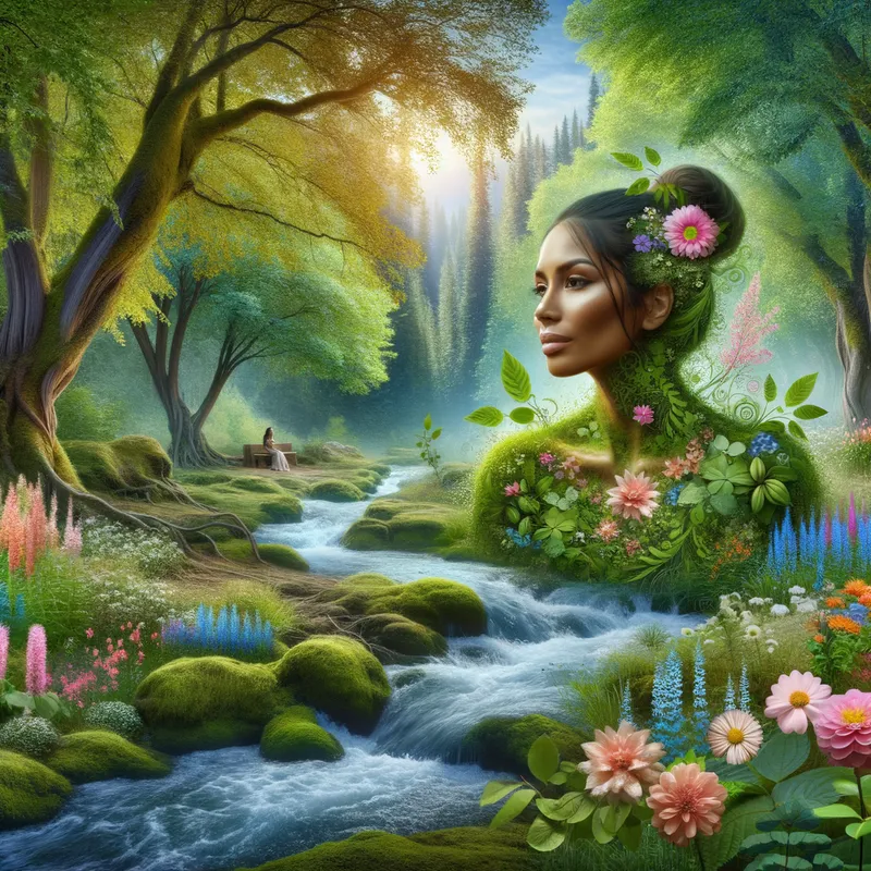 Nature's Muse - A natural setting with a lady harmoniously integrated into the landscape, surrounded by lush greenery, flowing water, and vibrant flowers, evoking a sense of peaceful oneness with nature. - AI image generated with Art