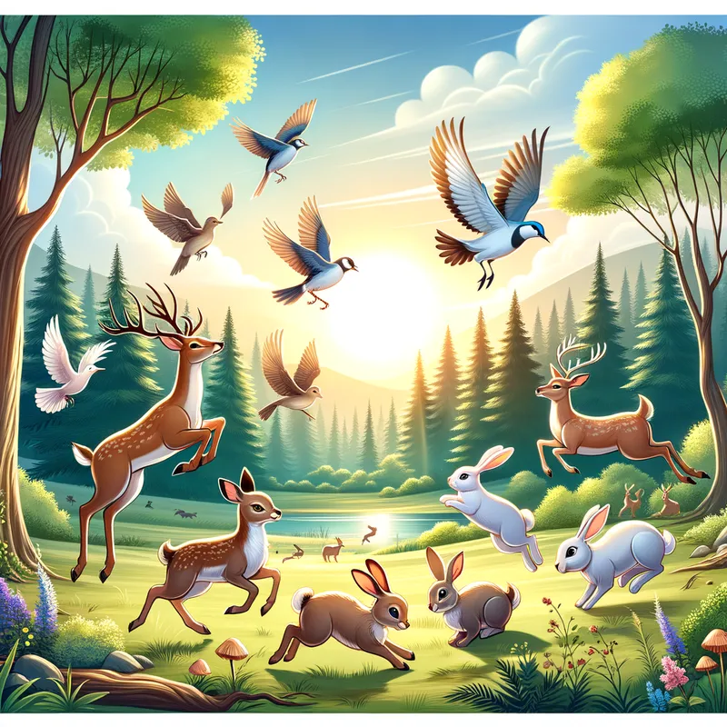 Nature's Playground - A group of animals playfully interacting in a serene forest, with deer leaping, birds soaring, and rabbits hopping around a sunlit clearing. - AI image generated with Art
