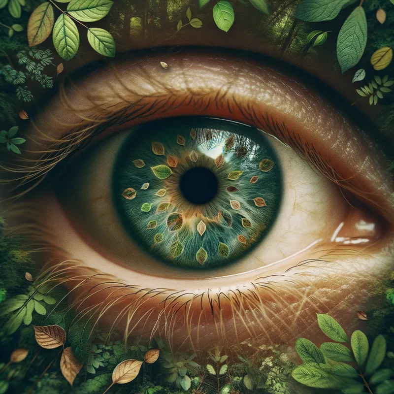 Nature's Reflection - An eye that embodies the essence of nature, with shades of green, blue, and earthy browns, featuring tiny leaf patterns within the iris and a backdrop of lush foliage. - AI image generated with Art - grain effect