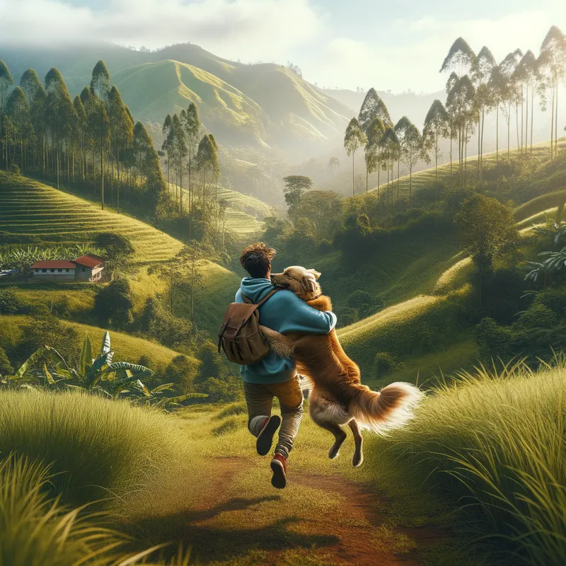 Nature's Reunion - A heartwarming scene of a man dashing to hug his dog in a scenic green area with rolling hills and dense foliage, capturing the essence of bonding in the midst of nature. - AI image generated with Art