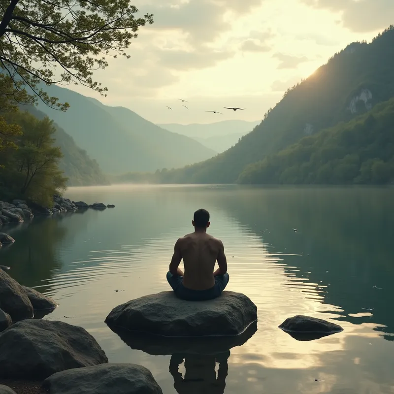 Nature's Solitude - A man sits on a rock by a calm lake, reflecting, surrounded by the tranquility of nature and the soft sounds of water and birds. - AI image generated with Photorealistic 2 - Raphael