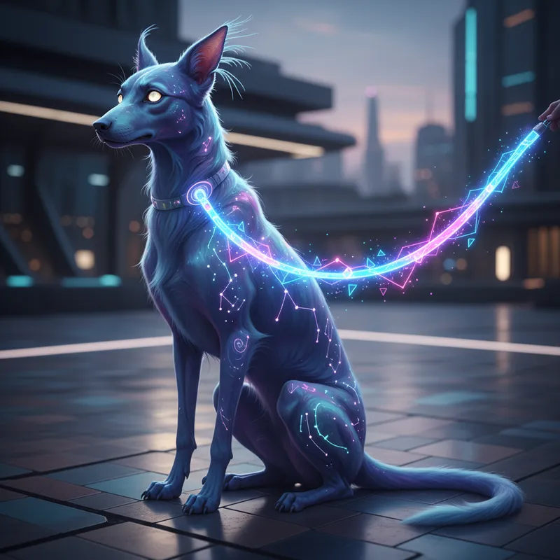 Nebula Drifter with Holo Leash - The Nebula Drifter
My Prompt:
A high-resolution photograph taken with a Canon EOS R5 camera of a unique, bio-luminescent canine-like creature that is an imagined species, not a real dog breed, named 'The Nebula Drifter.' This creature is roughly the size of a large dog, with a sleek, agile build and a long, tapering tail ending in a small tuft of glowing fur. Its coat is a blend of swirling indigo, amethyst, and teal colors that appear to shift slightly, patterned with fine, glowing constellations and geometric-like markings across its shoulders and flanks. The creature’s eyes are large and expressive, glowing softly with an internal golden-white light. It has elongated, elegant ears that are pointed and slightly furred, with feather-like tendrils extending from the tips. Its fur texture is smooth yet slightly shimmering, appearing almost organic but with subtle, swirling patterns that give it an other-worldly feel.
The creature is sitting poised on a futuristic platform or stylized, clean, multi-colored stone plaza that looks like it could be part of an advanced urban environment at dusk. The background shows hints of blurred, architectural glowing structures and a twilight sky with soft, diffuse light. The creature is looking alertly towards the left side of the frame.
The central element is the 'AI leash.' It is not a physical rope but a holographic energy tether, glowing in a vibrant, pulsing neon electric blue and magenta hue. It appears as a continuous, slightly translucent beam of digital energy connecting to an invisible point off-camera, held gently but firmly near the creature's neck (not a collar, but rather a glowing connection point or harness area). This energy tether has a digitized appearance, appearing to flicker with binary code-like patterns and geometric light configurations as it curves and glows, casting colored light reflections onto the creature’s fur and the ground beneath it. The overall aesthetic is one of clean, sophisticated, futuristic - AI image generated with Nano Banana