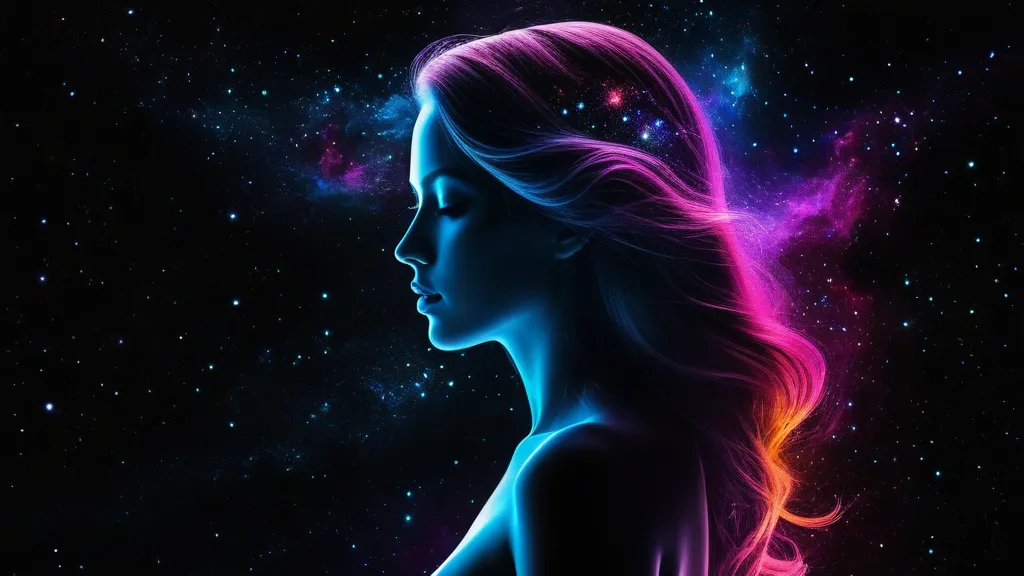 Nebula-Infused Femme Silhouette - Design an ethereal silhouette of a feminine figure containing vibrant nebula patterns and stardust. Place the silhouette on a black space canvas, emphasizing the interplay of light and darkness. - AI image generated with Fictional - double exposure