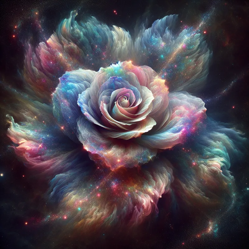 Nebula Petal Blossom - An ethereal rose with petals resembling swirling, transparent nebula gas, shimmering iridescent colors and glittering particles, floating serenely in the dark expanse of the universe. - AI image generated with DALL-E 3