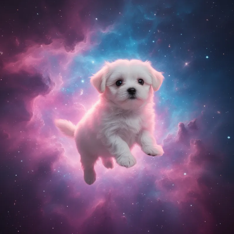 Nebula Pup Dream - A cute Maltese puppy drifting through a vibrant nebula, its soft white fur illuminated by pink, blue, and purple cosmic clouds, magical, surreal, and enchanting. - AI image generated with Flux 2