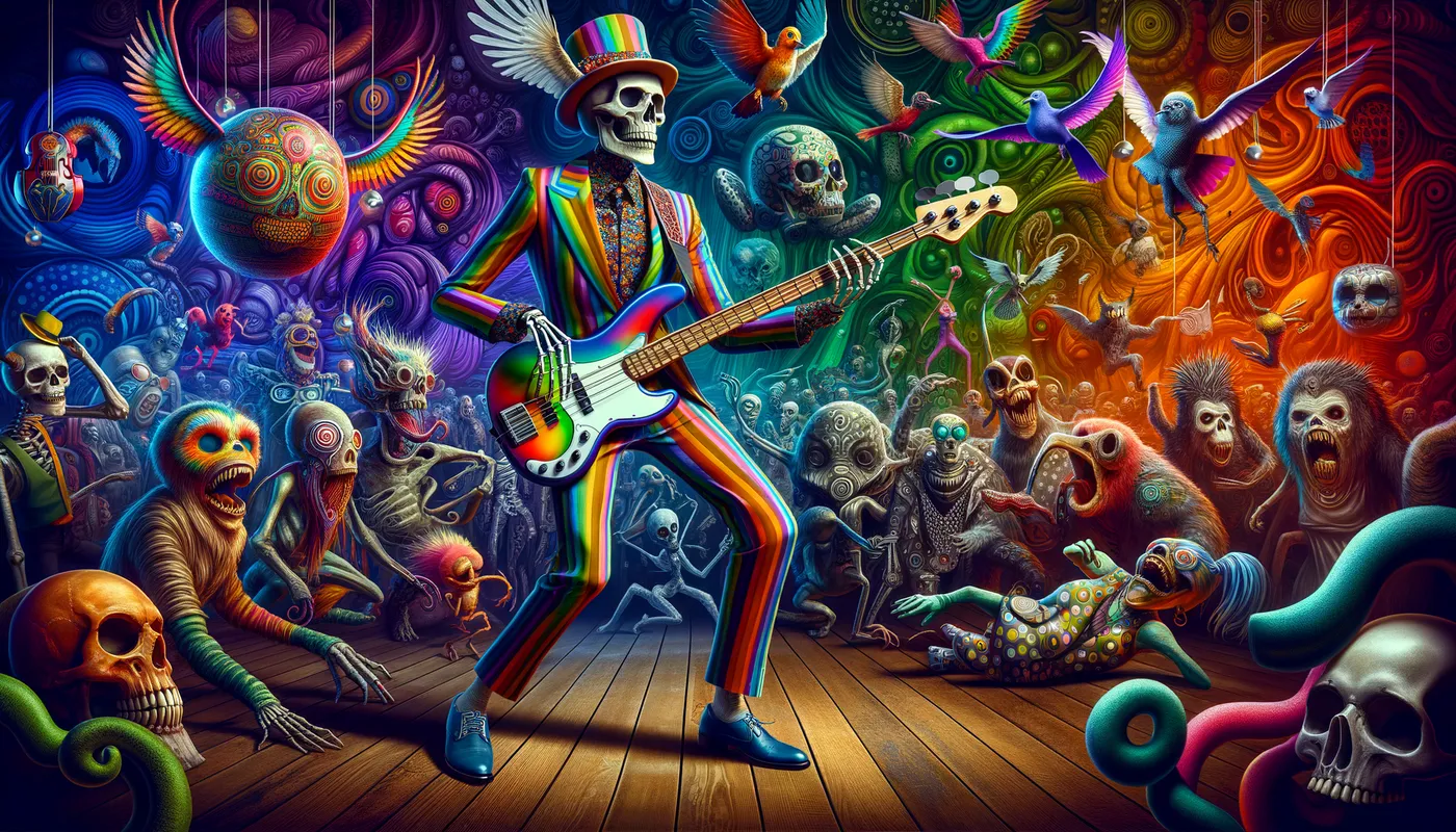 Necrofunk Necromancer - A stylish skeleton dressed in a funky outfit, slapping a colorful funk bass with a band of otherworldly creatures in the background. - AI image generated with Art