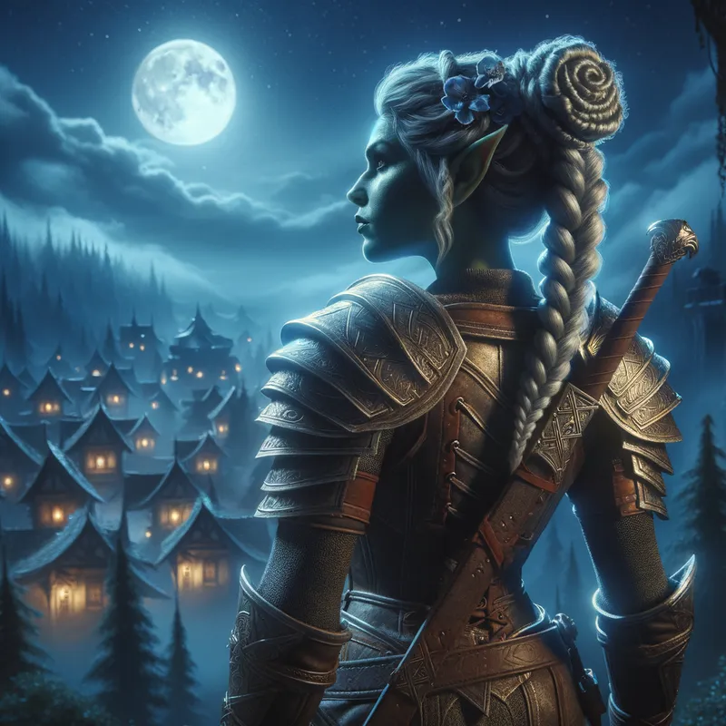 Nemesis of Darkness - On a moonlit night, a female half-orc paladin with intricately styled dutch braids stands atop a hill overlooking a haunted village. Her armor and weapon glow with a faint supernatural light, emphasizing her role as a beacon of hope against the encroaching darkness. - AI image generated with Art