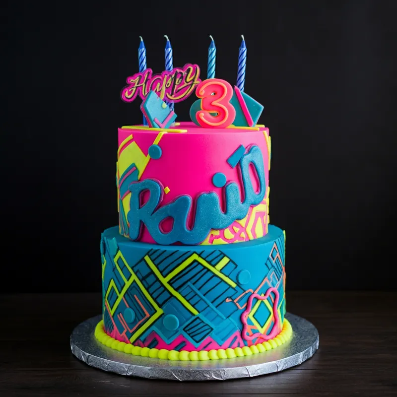 Neon Birthday Cake - A birthday cake without candles, decorated with high contrast neon colors such as hot pink, bright blue, and neon yellow. The cake features a neon sign theme with bold patterns. - AI image generated with Imagen 3 - photorealistic