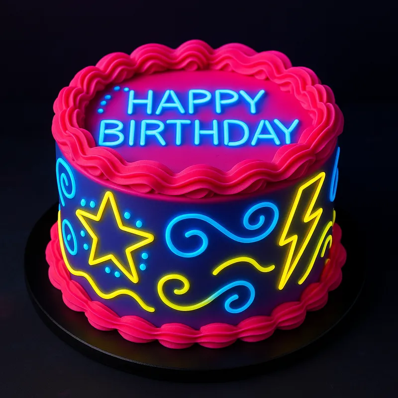 Neon Birthday Cake - A birthday cake without candles, decorated with high contrast neon colors such as hot pink, bright blue, and neon yellow. The cake features a neon sign theme with bold patterns. - AI image generated with GPT Image - photorealistic