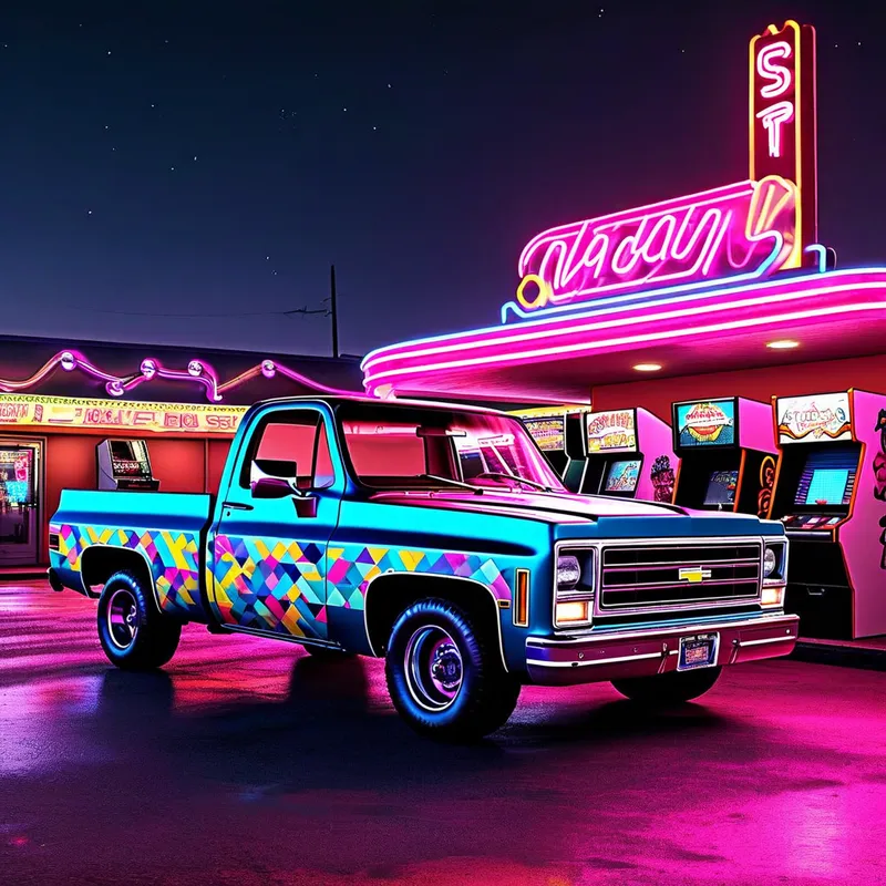 Neon Chevy at Retro Diner - A vibrant 90s retro-themed image featuring a classic Chevy Squarebody truck. The truck is adorned with neon colors and geometric patterns, parked in front of an old-school diner with neon signs. The background includes elements like cassette tapes, rollerblades, and arcade machines to enhance the retro feel. - AI image generated with Nova Canvas