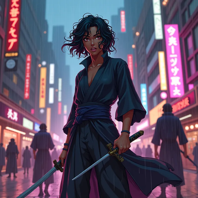Neon City Black Samurai Battle - black samarai with light brown skin and mid length loose curly hair in a colorful neon city witha sword in one hand and a rasengan in the other surrounded by ninjas and rain - AI image generated with Flux