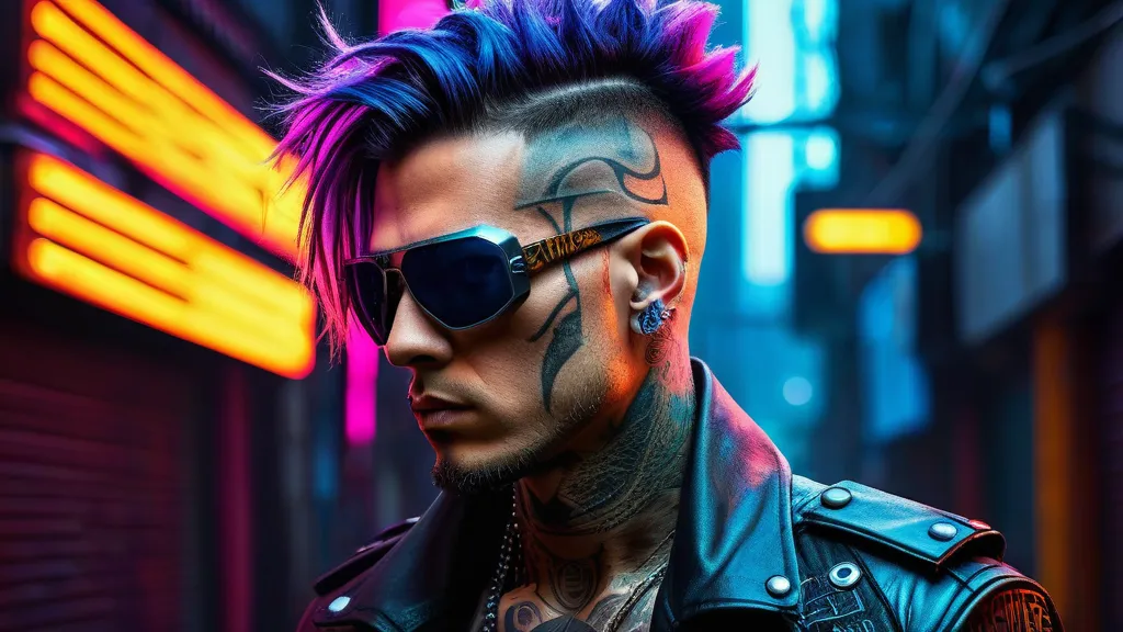 Neon Cyberpunk Portrait - dynamic and vividly striking portrait of a serious tattooed cyberpunk male with edgy hair, wearing mirrorshades, dark gritty neon cyberpunk street background, fantasy art illustration - AI image generated with Fictional