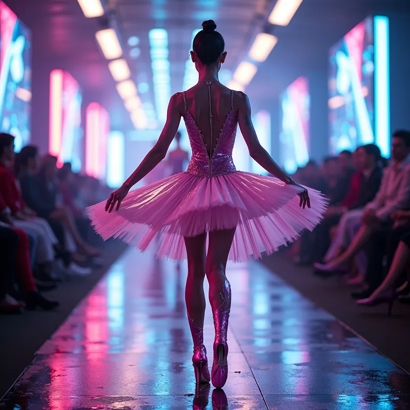 Neon Elegance - A spellbinding ballerina dressed in sleek, high-tech cyberpunk attire elegantly dances en pointe on the runway, surrounded by a dynamic atmosphere of flashing neon signs and robotic assistants at a cutting-edge fashion show. - AI image generated with Photorealistic 2 - cyberpunk
