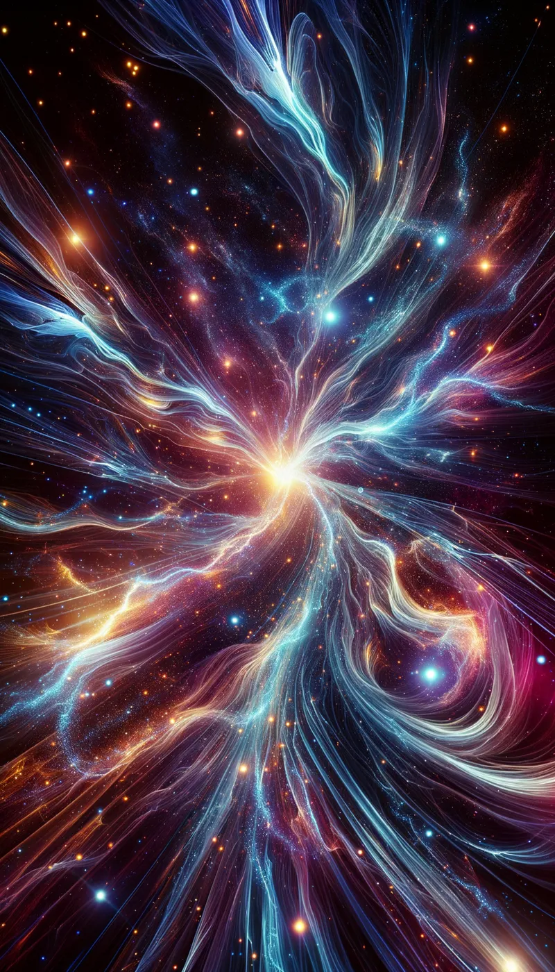 Neon Flux Odyssey - Capture an exuberant scene where brilliant neon streams surge through the void of space, meandering between stars and celestial dots, evoking an awe-inspiring cosmic terrain. - AI image generated with Art