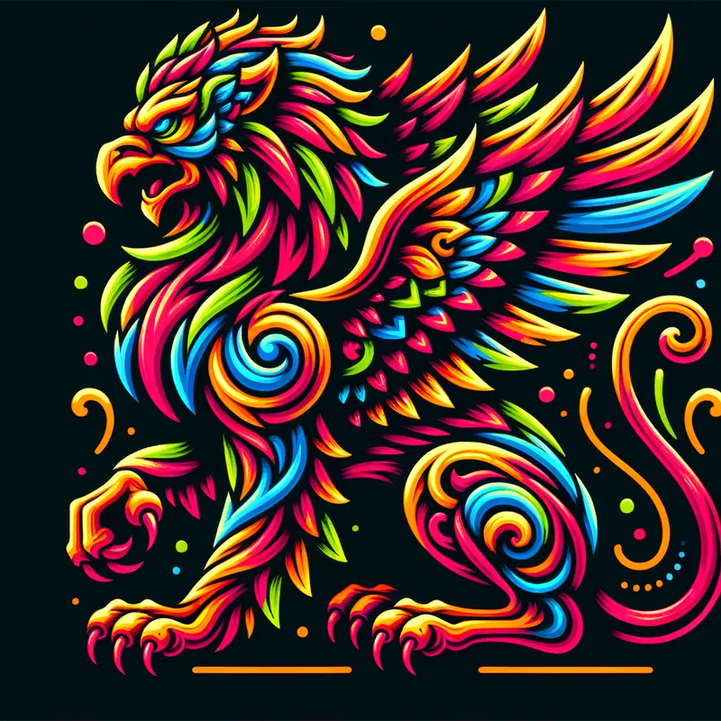Neon Griffin Tattoo Flash - A vibrant, neon-colored 2D griffin tattoo design, with a bold, eye-catching style inspired by traditional tattoo flash art. - AI image generated with Art