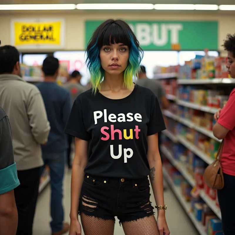 Neon-Haired Dollar General Rebel - A camera view of a white American woman with yellow eyes wearing a black shirt that says ‘Please Shut Up” in highlighted colors, torn black shorts and fishnets. The woman has short black hair that ombre to neon blue and yellow. Shes annoyed while listening to people talk to her as they stand in line inside of a Dollar General - AI image generated with Photorealistic 2