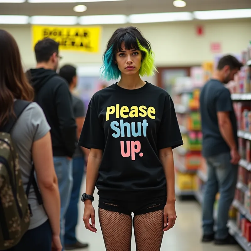 Neon-Haired Dollar General Rebel - A camera view of a white American woman with yellow eyes wearing a black shirt that says ‘Please Shut Up” in highlighted colors, torn black shorts and fishnets. The woman has short black hair that ombre to neon blue and yellow. Shes annoyed while listening to people talk to her as they stand in line inside of a Dollar General - AI image generated with Photorealistic 2