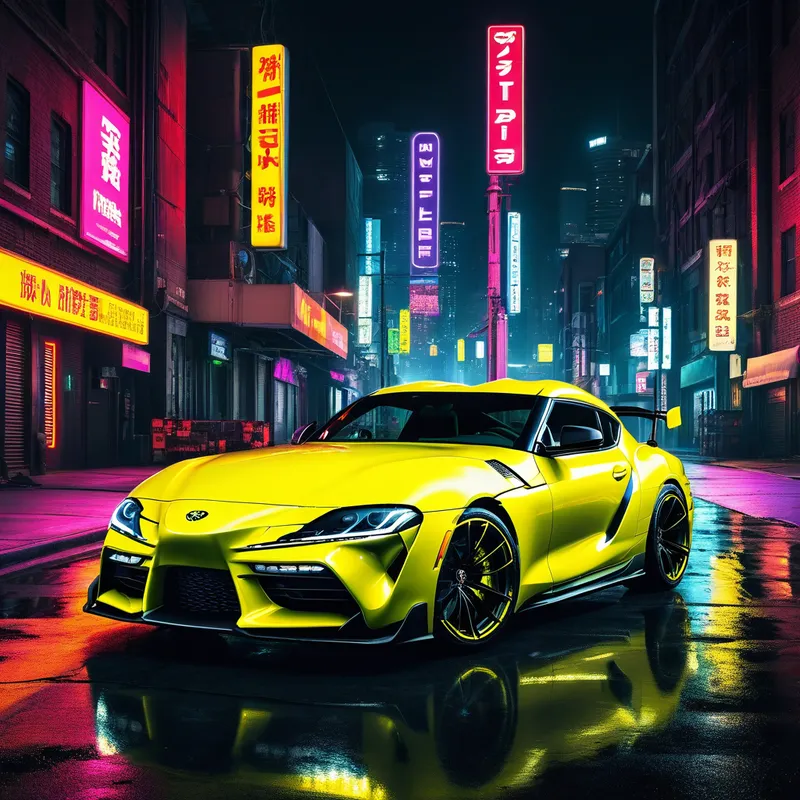 Neon-Infused Supra - A Toyota Supra with a bold, neon yellow exterior accents that give the car a cyberpunk-inspired aesthetic, set against a vibrant, neon-lit urban environment. - AI image generated with Photorealistic