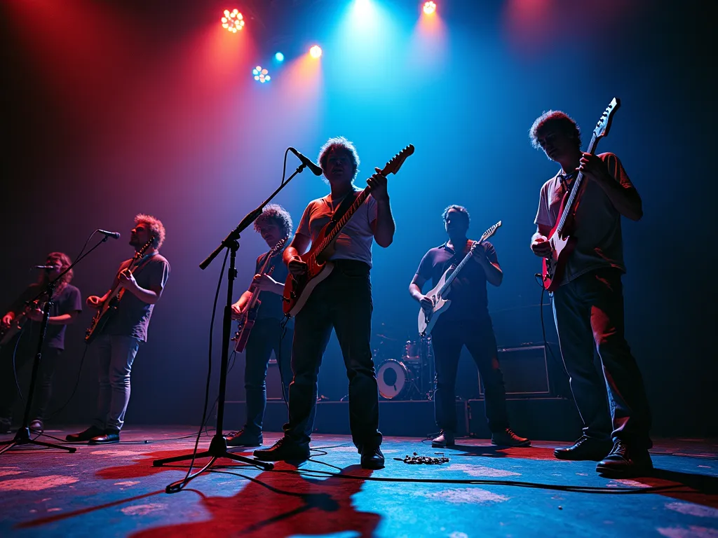 Neon Pink Floyd Guitar Spectacle - A trippy view of Pink Floyd's " Dark Side of the Moon " album cover neon, flashing ,hallucinating, amazingly the men are all playing guitar including one that's front and center stage playing guitar in front of a microphone on a microphone stand and a spotlight on him from above , his face is clear and visible - AI image generated with Flux - abstract, high dynamic range, panoramic view