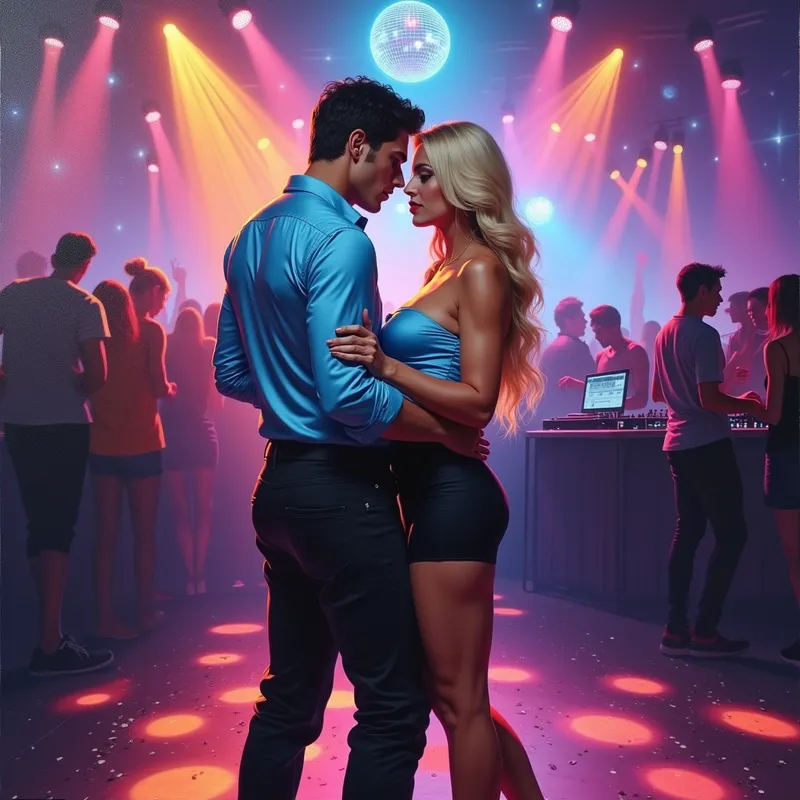 Neon Romance on the Dance Floor - An oil painting of a beautiful couple standing close together on a vibrant nightclub dance floor, surrounded by glowing neon lights. The woman is curvy, with long blonde hair, full makeup, a short light blue dress, and a black miniskirt. The man has black hair, a muscular build, a light blue long-sleeved silk shirt, and black pants. A DJ performs in the background, loud music fills the space, a disco ball hangs overhead, colorful lights flash across the room, and glitter sparkles in the air. - AI image generated with Photorealistic 2 - dark tones