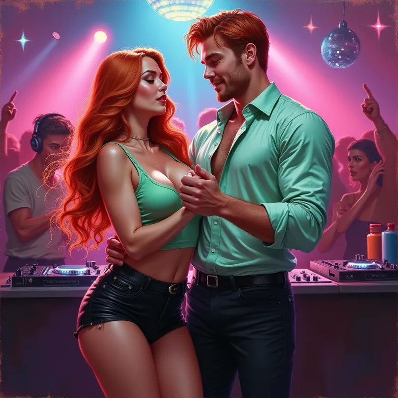 Neon Romance on the Dance Floor - An oil painting of a beautiful couple dancing in a vibrant nightclub surrounded by glowing neon lights. The woman has a curvy figure, long red hair, full makeup, a short light green dress, and a black miniskirt. The man has red hair, a muscular build, a light green long-sleeve silk shirt, and black pants. A DJ plays loud music in the background, with a disco ball overhead, flashing lights, and glitter sparkling in the air. - AI image generated with Photorealistic 2