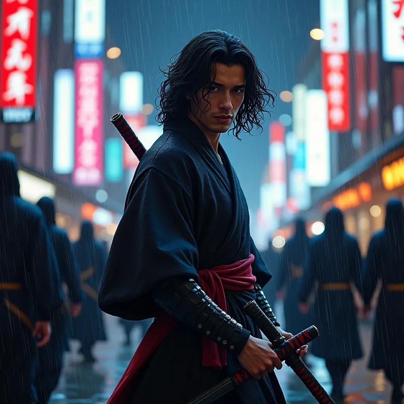 Neon Storm Samurai - A fair-skinned Black samurai, aged 26, with mid-length loose curly hair set against a backdrop of a neon-lit city. He wields a sword in one hand and a rasengan in the other. Ninjas surround him under the falling rain, seen from afar. - AI image generated with Flux