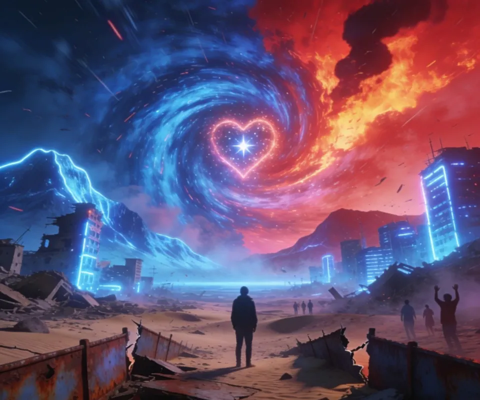 Neonlandets Glødende Storm - Vers 1
I neonlandet der fjellene gløder,
der himmelen brenner i blått og rødt,
står en virvel av lys som ingen forstår,
en port til alt som var glemt og dødt.
Den pulserer som et hjerte av stjerner,
den roper i toner av elektrisk vind,
og alle som vandrer på ruten av magenta
kjenner stormen som vokser innenfor sinnet.
Refreng
For når orkanen reiser seg,
slites nasjoner fra hverandre,
men i lyset fra den kosmiske vei
fødes nye drømmer av det som brast i stykker.
Stormen tar, men stormen gir,
den river ned, men åpner dører.
I neonlandet står vi fri,
selv når verden rundt oss går i stykker.
Vers 2
Byer faller som sandkorn i vinden,
grenser brister som rustne lenker,
folk roper navnene på sine fedre
mens himmelen deles i ild og skygge.
Men midt i kaoset står en enslig skikkelse,
vendt mot virvelens brennende kjerne,
og ser at stormen ikke bare ødelegger –
den avslører sannheten vi glemte å lære.
Refreng
For når orkanen reiser seg,
slites nasjoner fra hverandre,
men i lyset fra den kosmiske vei
fødes nye drømmer av det som brast i stykker.
Stormen tar, men stormen gir,
den river ned, men åpner dører.
I neonlandet står vi fri,
selv når verden rundt oss går i stykker.
Bro
Hør vinden synge gjennom fjellene,
hør lyset knitre som gamle minner.
Alt vi bygde på frykt og løgner
blåses bort som støv i stormens fingre.
Men alt vi bygde på håp og mot
står igjen som søyler av ren energi,
og virvelen – den store, brennende porten –
viser oss hvem vi egentlig kan bli.
Vers 3
Når stormen stilner og natten faller,
ser vi ruinene gløde i neonblått.
Nasjoner som en gang sto som murer
er nå bare linjer av støv og grått.
Men folket reiser seg fra skyggene,
samlet av alt de har mistet og funnet,
og i horisonten spinner virvelen videre –
et evig ekko av alt som ble vunnet.
Refreng (større, mektigere)
For når orkanen reiser seg,
slites nasjoner fra hverandre,
men i lyset fra den kosmiske vei
fødes nye drømmer av det som brast i stykker.
Stormen tar, men stormen gir,
den river ned, men åpner dø - AI video generated with Lite