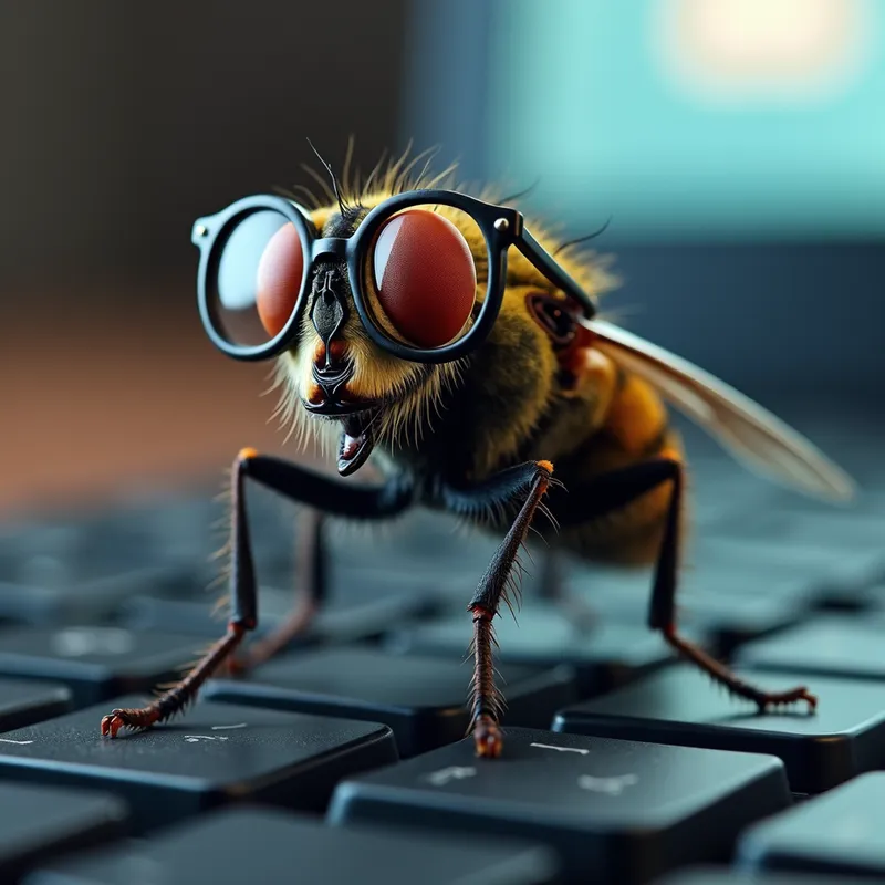 Nerdy Fly - A realistic fly with detailed texture, sporting oversized, nerdy glasses, sitting on a computer keyboard with a softly blurred background. - AI image generated with Photorealistic 2