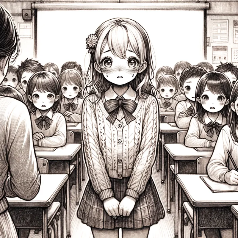 Nervous Introduction - A shy girl named Hana stands in front of the classroom, avoiding eye contact with her new classmates while the teacher introduces her. - AI image generated with Art - pencil drawing