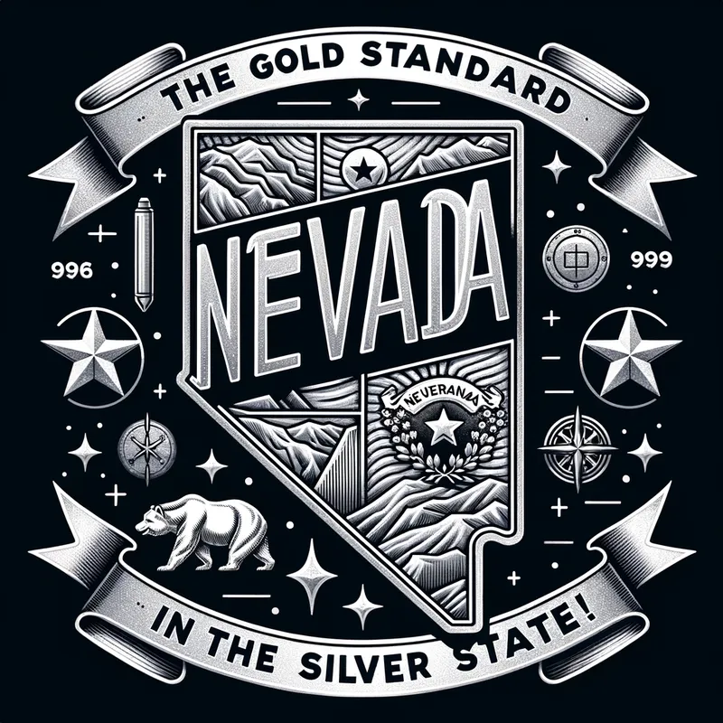 Nevada Silver Outline - An outline of the state of Nevada colored in silver with the slogan 'The Gold Standard in the Silver State!' prominently displayed. - AI image generated with Art