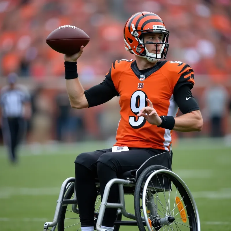 Never Give Up - An inspiring scene of Joe Burrow #9, in a wheelchair, focusing intensely as he throws a football during a Bengals game, embodying determination and perseverance. - AI image generated with Photorealistic 2