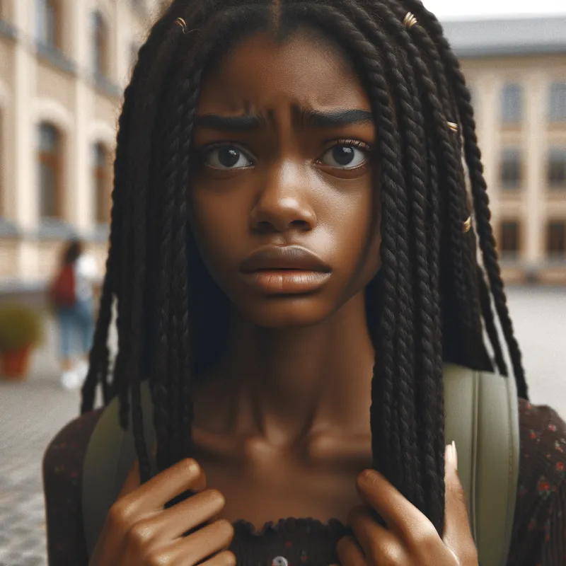 New Beginnings - A close-up of a black young woman with long braids, her face showing a mixture of fear and determination. The backdrop consists of school lockers, highlighting the setting of her first day at school. - AI image generated with Art