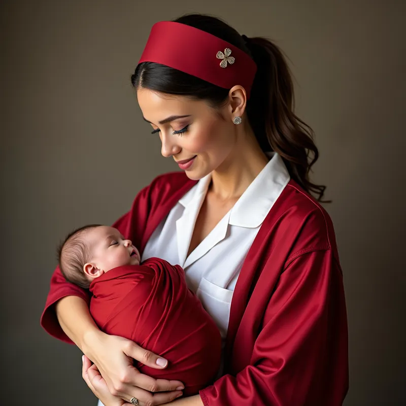 Newborn in Red Satin - a beautyful nurse carrying a newborn baby wrapped in a red satin cloth in a mobile size image - AI image generated with Photorealistic 2