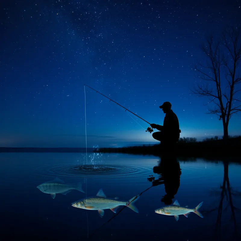 Night Fishing Scene - A tranquil night fishing scene with a silhouetted fisherman under a starry sky. Three fish are illuminated by the moonlight in the tranquil water. - AI image generated with Imagen 3