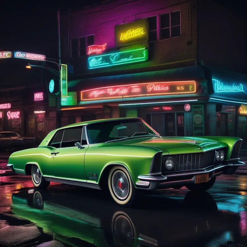 Night Glow Buick - A 1963 Buick Riviera with glossy lime green paint under neon lights at night, reflecting colorful signage across its curved body panels, moody urban setting, cinematic contrast, ultra-detailed classic car photography, and high realism. - AI image generated with Photorealistic