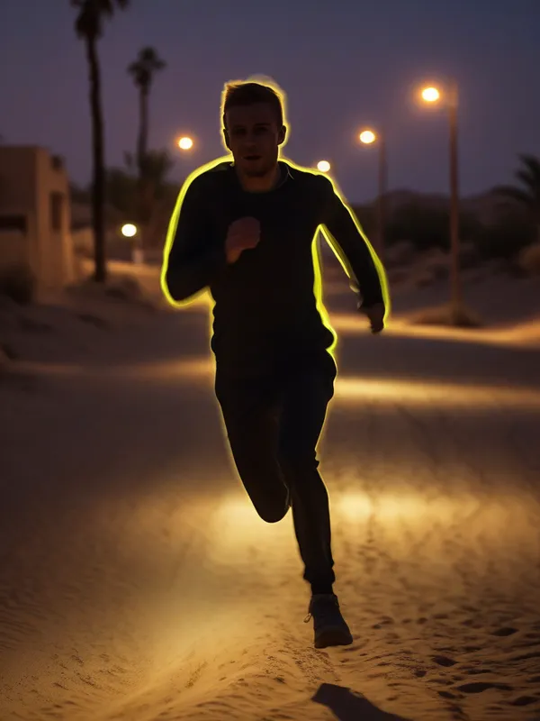 Night Motion Blur in Neon Desert Street - Dynamic action shot in a desert street at night, subject in mid-movement (e.g., running or turning), dramatic night lighting with neon glows reflecting on sand and asphalt, soft focused background, warm yellow streetlights and cool ambient tones, cinematic composition, photorealistic quality - AI image generated with Photorealistic - motion blur