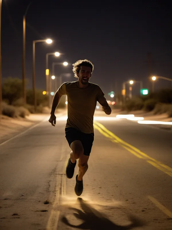 Night Motion Blur in Neon Desert Street - Dynamic action shot in a desert street at night, subject in mid-movement (e.g., running or turning), dramatic night lighting with neon glows reflecting on sand and asphalt, soft focused background, warm yellow streetlights and cool ambient tones, cinematic composition, photorealistic quality - AI image generated with Photorealistic - motion blur