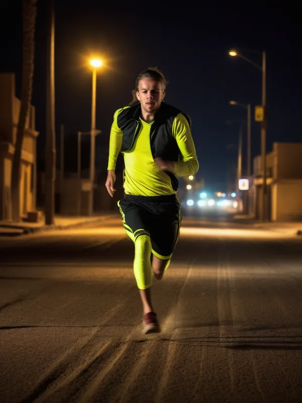 Night Motion Blur in Neon Desert Street - Dynamic action shot in a desert street at night, subject in mid-movement (e.g., running or turning), dramatic night lighting with neon glows reflecting on sand and asphalt, soft focused background, warm yellow streetlights and cool ambient tones, cinematic composition, photorealistic quality - AI image generated with Photorealistic - motion blur