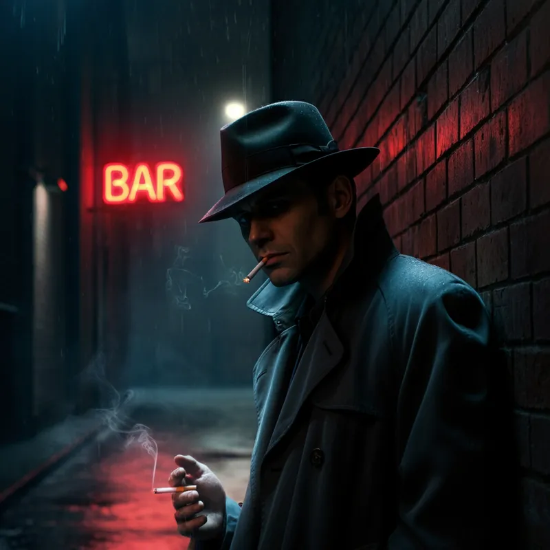 Night Noir: Fedora and Shadows - Close-up portrait of me leaning against a damp brick wall in a narrow alleyway at night. I’m
wearing a charcoal trench coat with the collar popped and a tilted fedora, shadows partially
covering my face. A single red neon “BAR” sign flickers above, casting reflections on the
rain-slick pavement. A lit cigarette glows between my fingers. Mist rolls in from a nearby
vent. High-contrast noir lighting, sharp shadows across the face. Shot with a 35mm lens,
slight grain, ratio: vertical 3:4. - AI image generated with Imagen 3