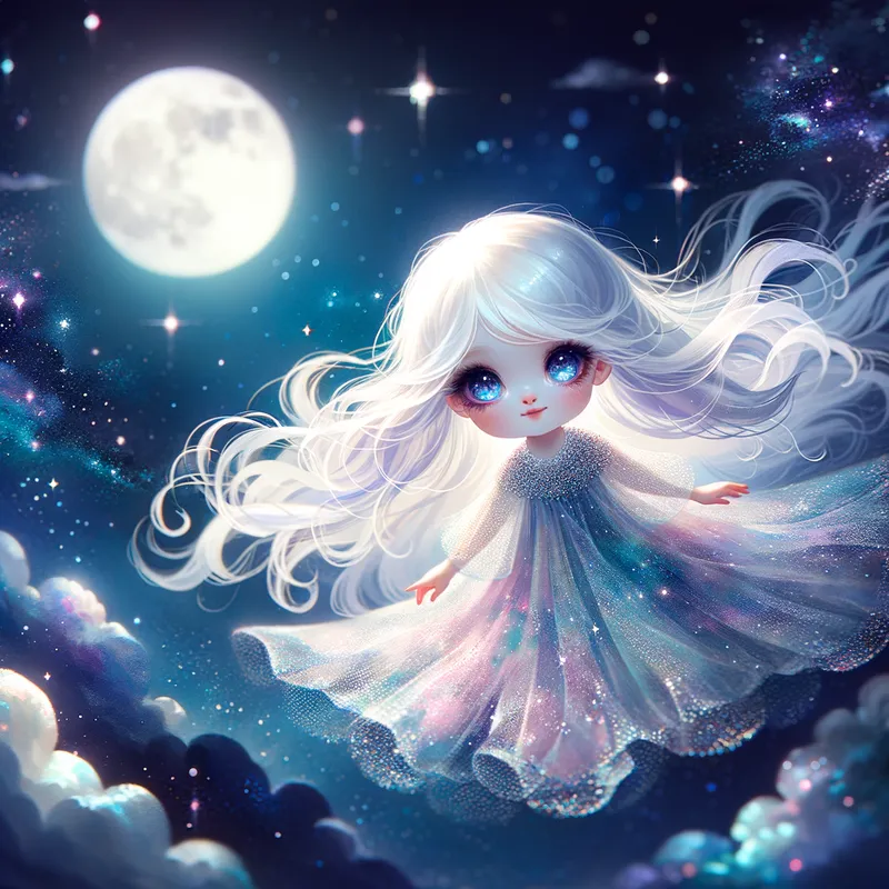 Night Sky Adventure - Depict a small albino girl with long, silky hair and mesmerizing pink and blue eyes gliding through the night sky, the stars and moonlight creating a magical and dreamy atmosphere. - AI image generated with Art