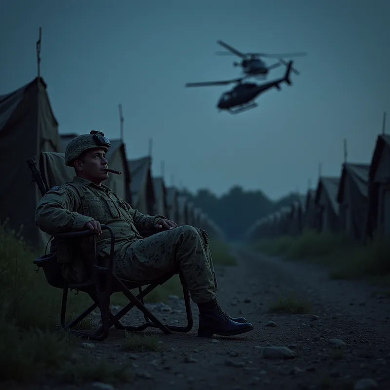 Night Sky Guardians - A moment of calm captured in a war zone. Soldiers are seen relaxing outside their sleeping quarters, with one soldier leaning back in a field chair, puffing on a cigar while gazing at the night sky. Black Hawks fly quietly above, their presence a reminder of the ever-present vigilance required in times of conflict. - AI image generated with Photorealistic 2