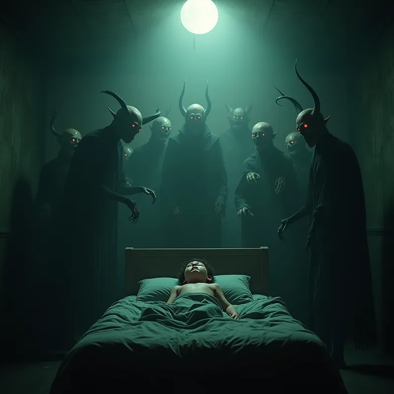 Night Terror Legion - Cinematic ultra-dark bedroom scene featuring a peaceful sleeping boy unaware of the monstrous legion encircling him. Demons of varying grotesque forms loom from the shadows: horned, emaciated, skeletal, and draped in black smoke, their eyes glowing with sinister intent. Clawed hands reach from every side, and crawling figures distort the walls and ceiling. The room is soaked in supernatural dread, with cool moonlight, sickly green highlights, heavy fog, stark contrast, and photorealistic 8K horror styling. - AI image generated with Photorealistic 2 - Giger