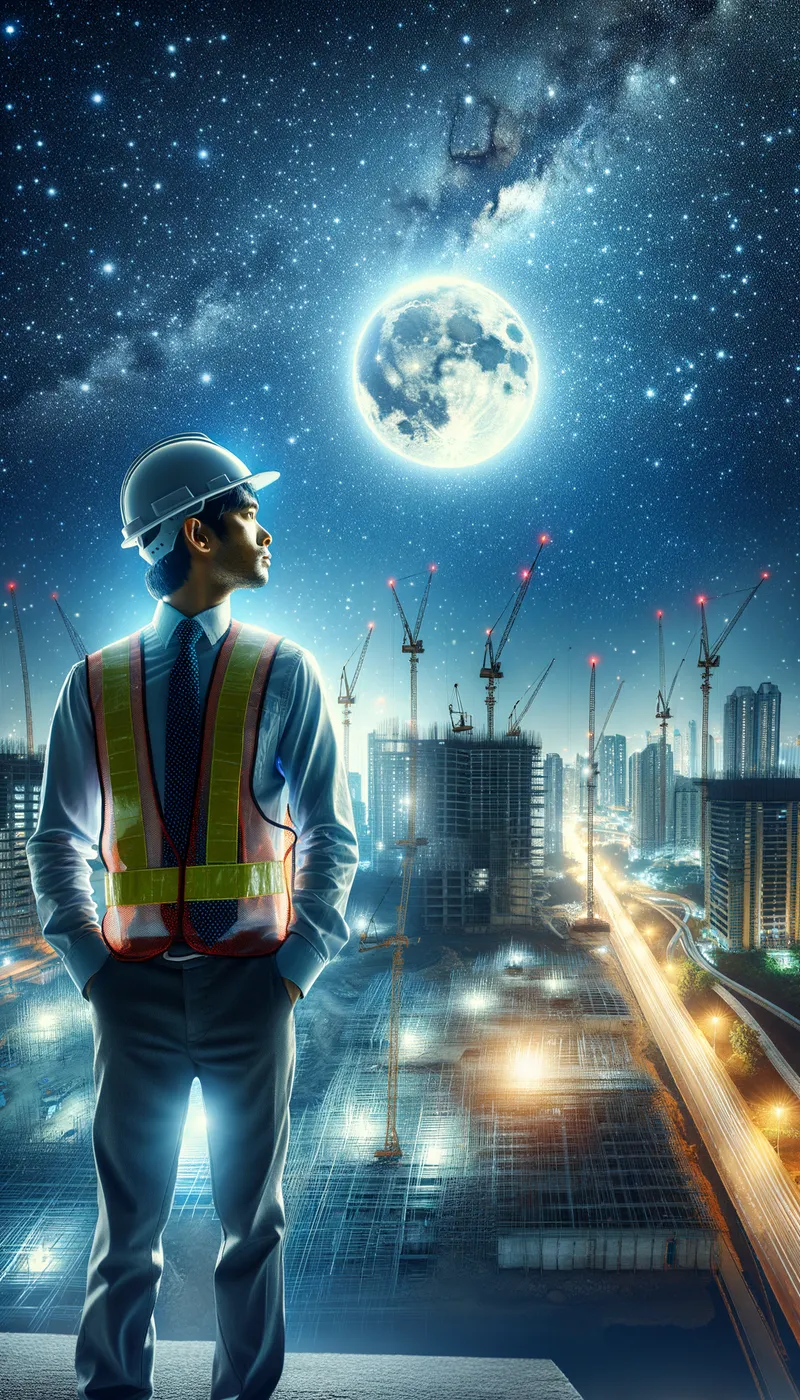 Nighttime Construction Moonlight - make a male engineer at a construction site at night with a starry sky and a big full moon - AI image generated with Art
