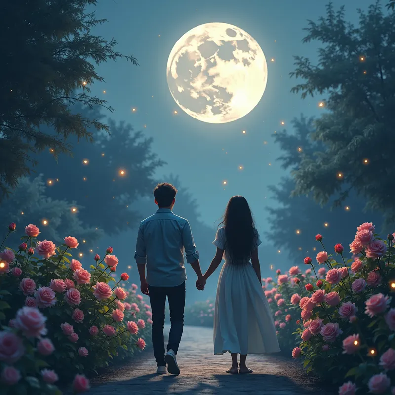 Nighttime Garden Bliss - Under a full moon, a couple strolls hand-in-hand in a serene garden filled with blooming roses. The scene features soft, blue-gray hues and gentle shadows, creating a peaceful ambiance. Sparkling fireflies add magic to the moonlit garden. - AI image generated with Photorealistic 2 - picture of the day, photorealistic, surrealismus