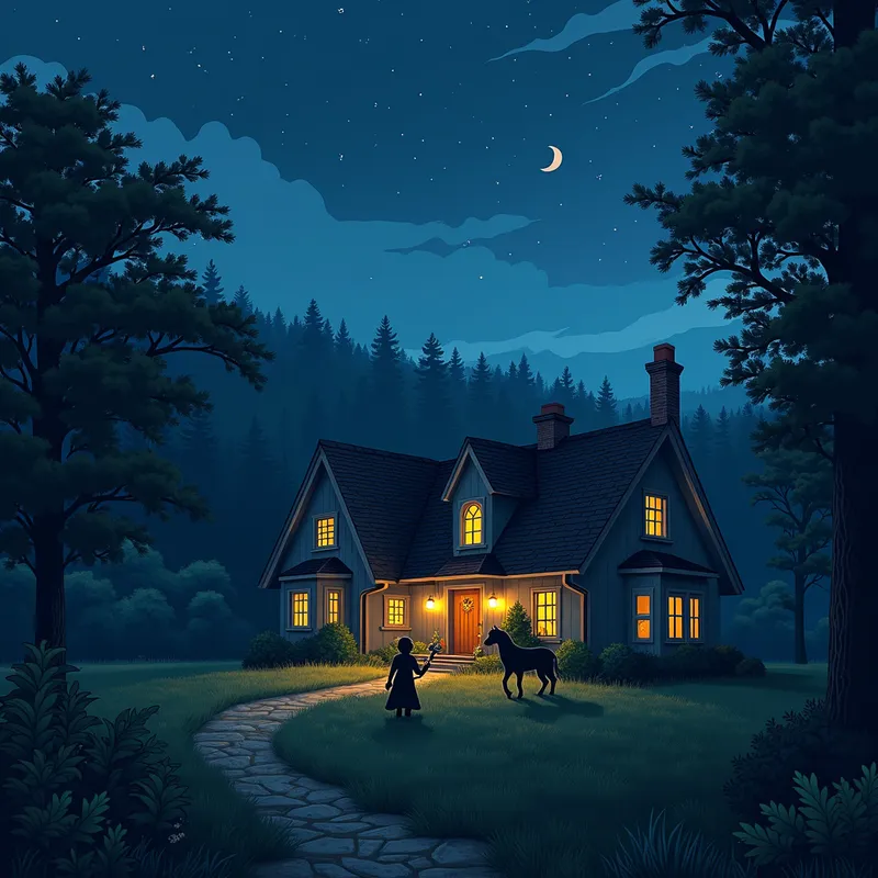 Nighttime at Camp Half-Blood House - A tranquil nighttime scene at Camp Half-Blood, with the house illuminated by soft, ethereal lights under a starry sky. Shadows of mythical creatures can be seen making their rounds. - AI image generated with Photorealistic 2