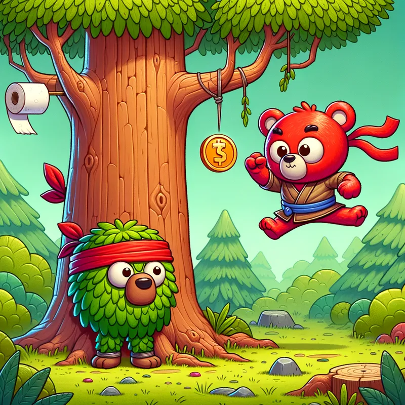 Ninja Bear vs. Meme Coin -
In a simple cartoon-style forest with a lone tree, a red furred bear dressed in ninja attire, is fighting a meme coin, in the process of cutting it in half. this action is the main visual. The tree is adorned with a roll of toilet paper - AI image generated with Art