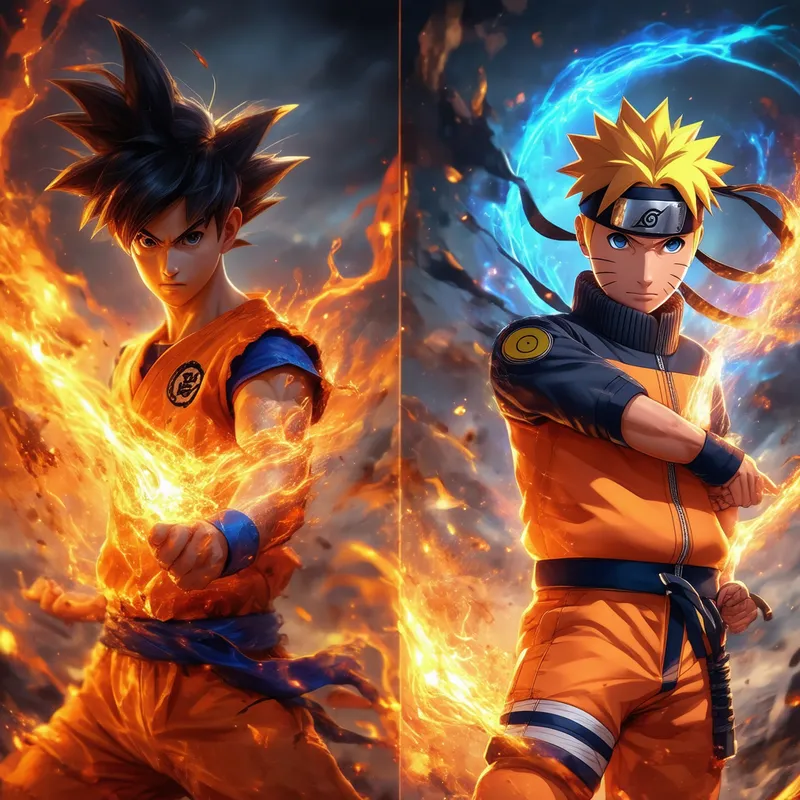 Ninja Super Saiyan - Create a depiction of a superhero inspired by the traits of Goku and Naruto. This hero should have a dynamic pose, showcasing Goku’s energy blasts and Naruto's jutsu techniques. Combine their distinctive traits, such as Goku’s wristbands and Naruto’s jumpsuit accents, into the superhero's costume.
